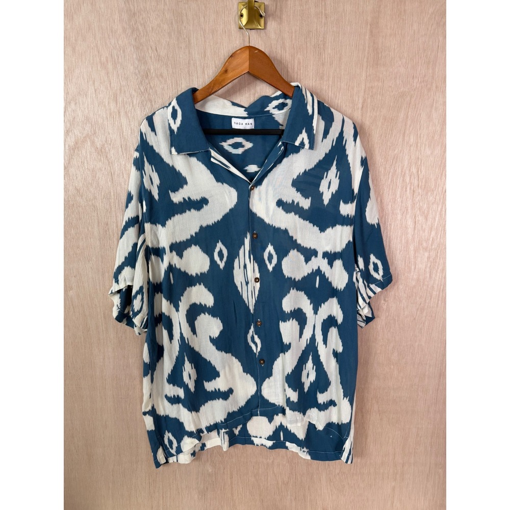 Raga Man XXL Blue White Ikat Tribal Print Short Sleeve Button Down Camp Shirt